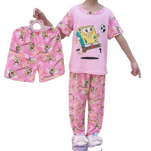 Girls Sleepwear Summer Short Sleeve Pants Shorts 3 Piece Set Kids Pajamas Children's Cartoons Milk Silk Thin Nightwear Homewear