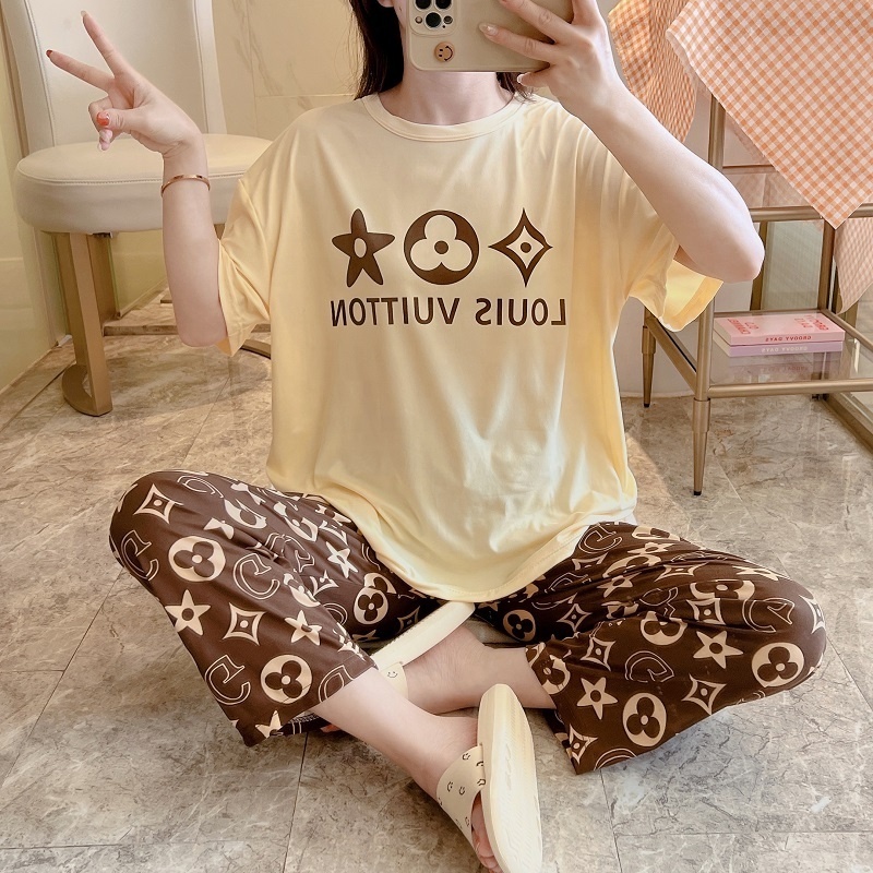 Wholesale Cute Print Pajamas Suit Women's Short Sleeve Top And Trousers Pajamas Cool Soft Milk Cartoon Cute Women's Sleepwear