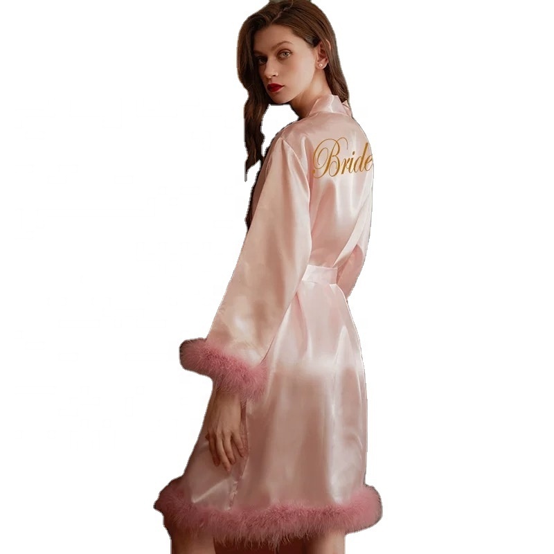 Wedding Bride Robe Dressing Gown Sexy Bridesmaid Bathrobe Nightgown Satin Short Sleepwear Fashion Solid Color Kimono With Fur