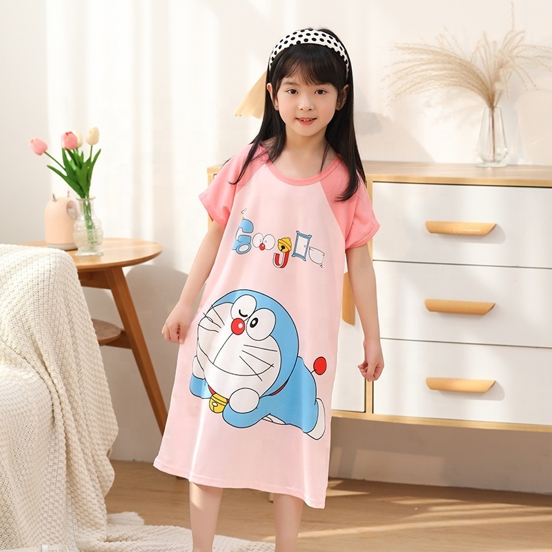 Summer Girl's Sleepwear Dress Cuhk Girls' Pajamas Short Sleeve Mid Length Nightdress Sweet Cute Cartoons Children Soft Homewear