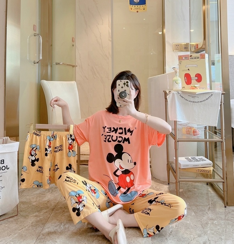 Spring and Summer Short-Sleeved Trousers 3Pcs Set Homewear Cartoon Casual Korean Pajamas Suit Cool Soft Milk Silk Sleepwear