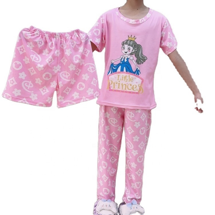 Girls Sleepwear Summer Short Sleeve Pants Shorts 3 Piece Set Kids Pajamas Children's Cartoons Milk Silk Thin Nightwear Homewear