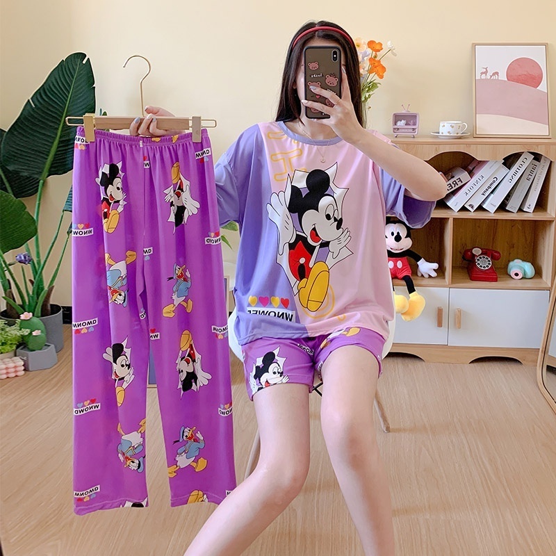 Spring and Summer Short-Sleeved Trousers 3Pcs Set Homewear Cartoon Casual Korean Pajamas Suit Cool Soft Milk Silk Sleepwear