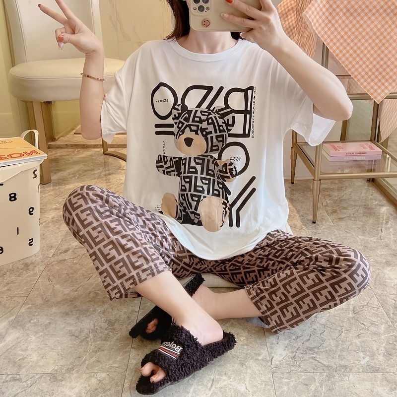 Wholesale Cute Print Pajamas Suit Women's Short Sleeve Top And Trousers Pajamas Cool Soft Milk Cartoon Cute Women's Sleepwear