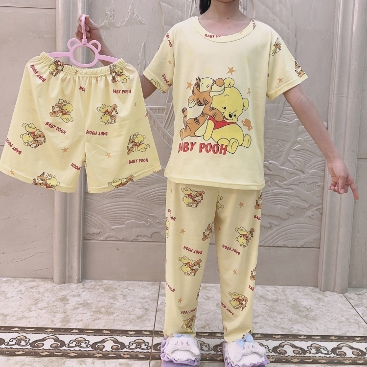 Girls Sleepwear Summer Short Sleeve Pants Shorts 3 Piece Set Kids Pajamas Children's Cartoons Milk Silk Thin Nightwear Homewear