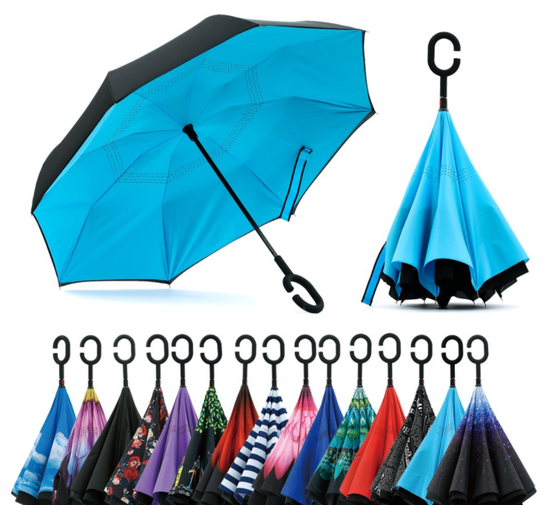 Custom Logo Printed Double Fabric C shape Handle Reverse Rain Umbrella