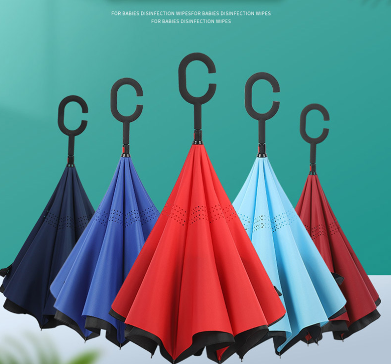 Custom Logo Printed Double Fabric C shape Handle Reverse Rain Umbrella