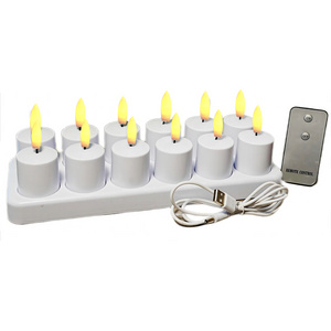 3D Real Flame Remote Control Set Of 12 Warm White Flickering Electric Flameless USB Rechargeable LED Tea Light Candles