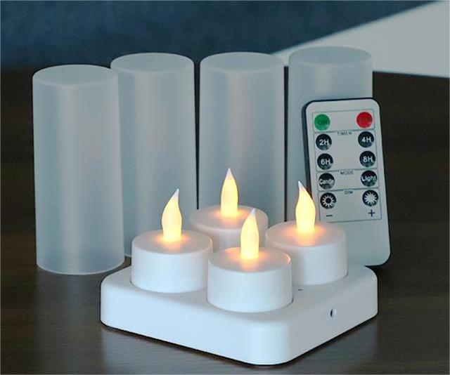 Timer Remote Control Set Of 4 Fickering Flameless  Rechargeable Tea Lights Led Candle Light