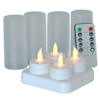 Timer Remote Control Set Of 4 Fickering Flameless  Rechargeable Tea Lights Led Candle Light