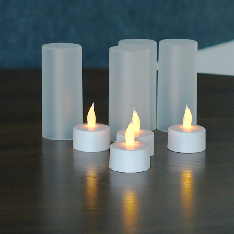 Set of 4 Rechargeable Candles Flameless Flickering LED Tea Lights with Remote & Timer and White Base For Table Decoration