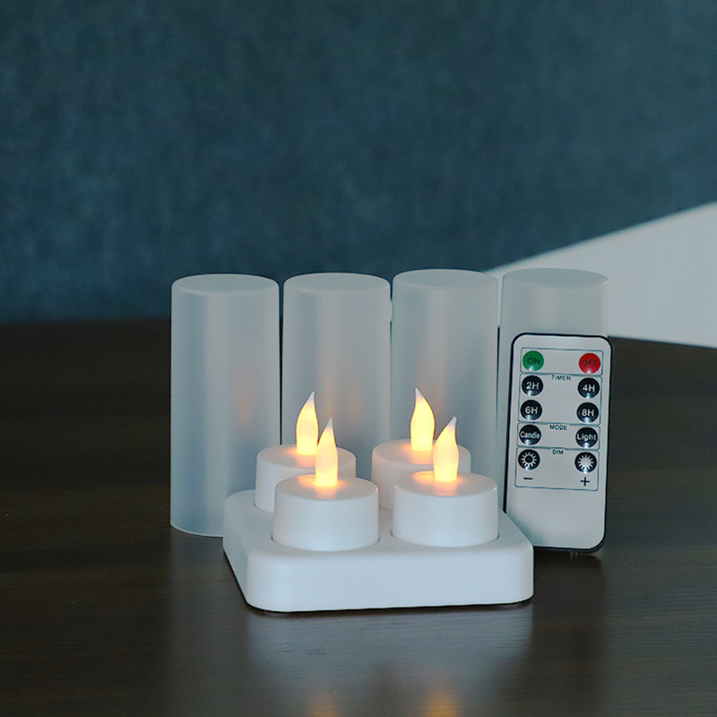 Set of 4 Rechargeable Candles Flameless Flickering LED Tea Lights with Remote & Timer and White Base For Table Decoration