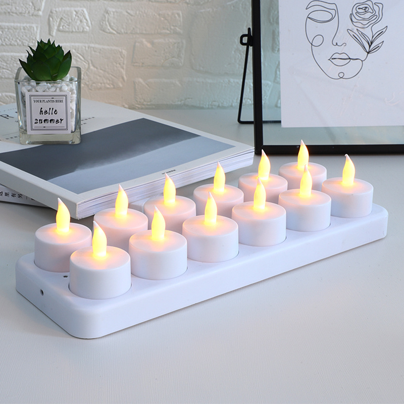 12pcs Remote Control Flickering Flameless Rechargeable Led Tea Light Candles Tealight With Charging Base