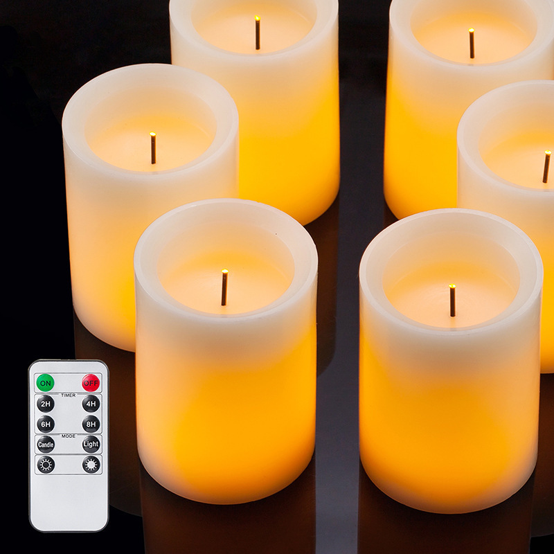 Battery Operated Fiber Optic LED Candle Set of 6 Flameless Candles D7.5xH10cm Real Wax Pillar Flickering Remote Control Candle