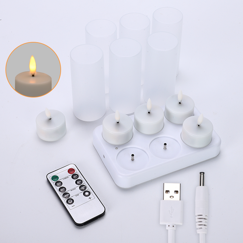 Wholesale Home Warm Light Set Of 6 3D Real Flameless USB Cable Charging Rechargeable LED Tea Light Candle