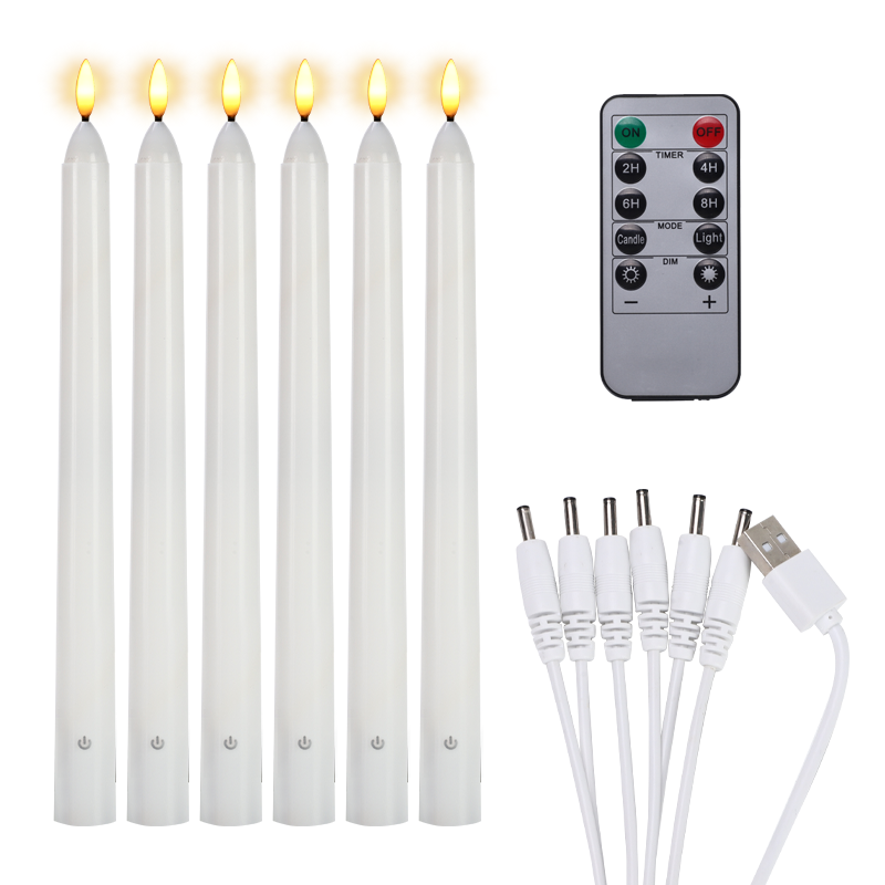 New Design 3D Real Flame Long Plastic LED Candle Stick 10 Key Remote Control Rechargeable LED Taper Candle