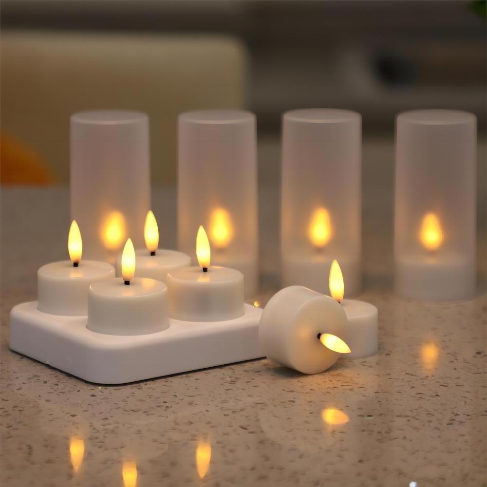 Wholesale Home Warm Light Set Of 6 3D Real Flameless USB Cable Charging Rechargeable LED Tea Light Candle