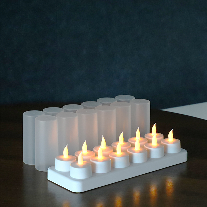 Set Of 12 Remote Control Flameless Led Tea Light Candles Warm Flashing Light Tea Rechargeable Canlde Light Set