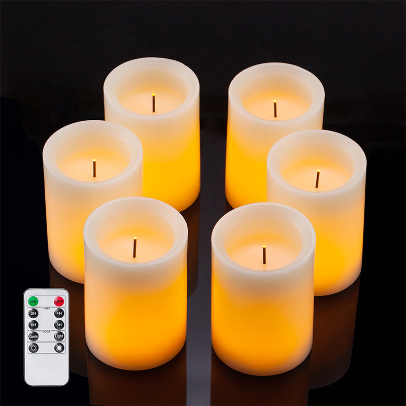 Battery Operated Fiber Optic LED Candle Set of 6 Flameless Candles D7.5xH10cm Real Wax Pillar Flickering Remote Control Candle