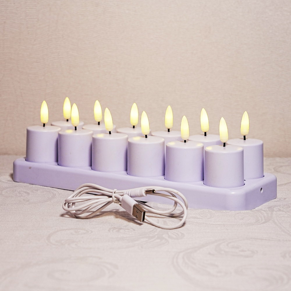 3D Real Flame Remote Control Set Of 12 Warm White Flickering Electric Flameless USB Rechargeable LED Tea Light Candles