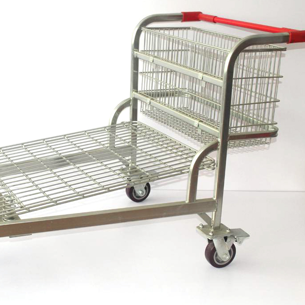 New Design 2 Layers Warehouse Wire Handle Cart Platform Trolley With 4 Wheels