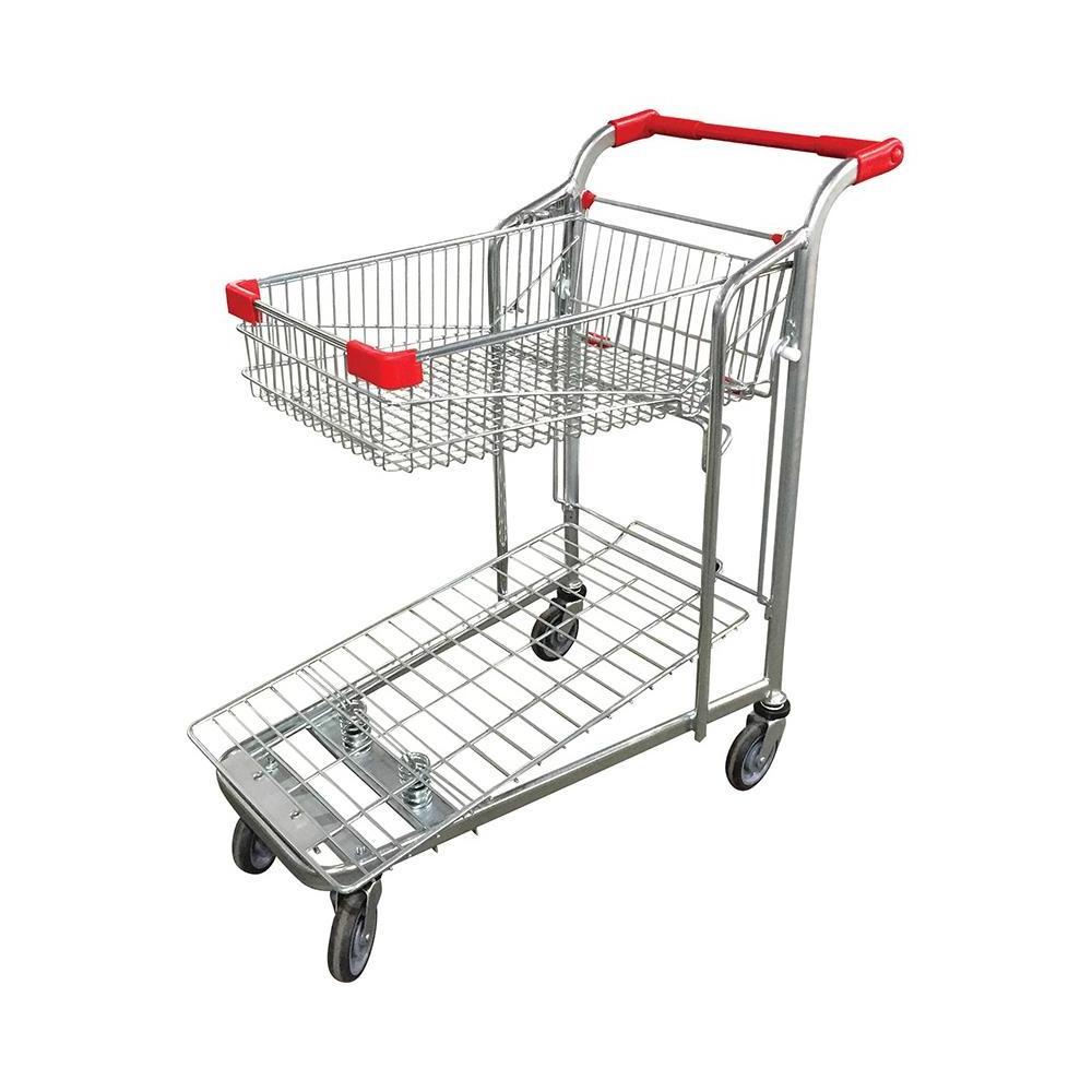 New Design 2 Layers Warehouse Wire Handle Cart Platform Trolley With 4 Wheels