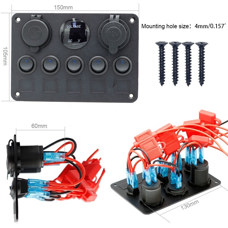 5 Gang Rocker 3.1A USB Switch Panel with Charging socket with Digital Voltmeter Marine Switch Panel