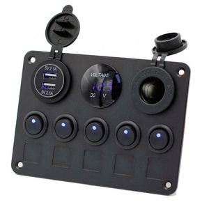 5 Gang Rocker 3.1A USB Switch Panel with Charging socket with Digital Voltmeter Marine Switch Panel