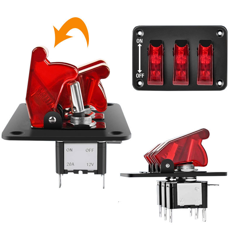 3 Gang Lighted Vehicle 20A Toggle Switch with Red Cover Waterproof ON-OFF Engine Start Racing Ignition Switch Panel