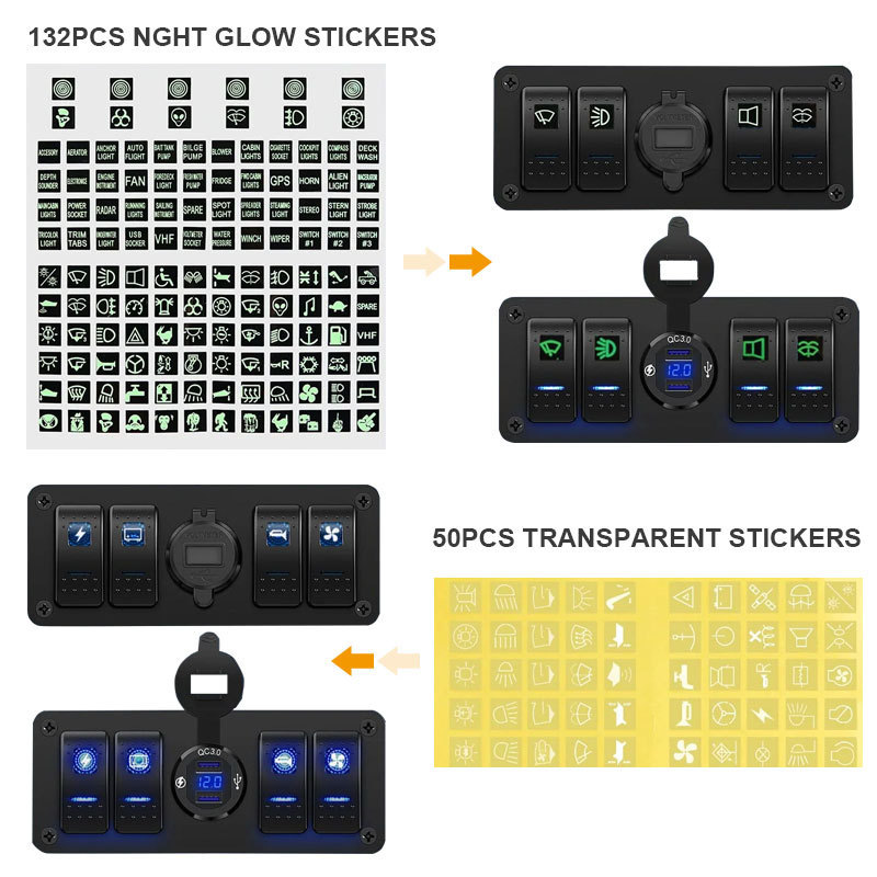 4 Gang Rocker Switch Box 12V SPST ON Off Switch QC 3.0 USB Charger Voltmeter Waterproof Aluminum Rocker Switch Panel Night Glow