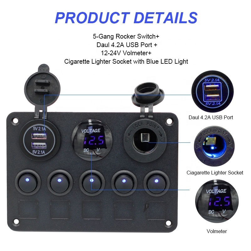 5 Gang Rocker 3.1A USB Switch Panel with Charging socket with Digital Voltmeter Marine Switch Panel