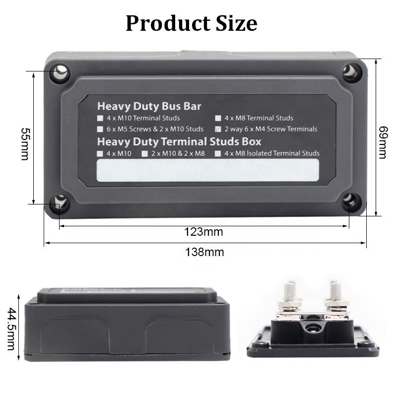 Marine Auto Heavy Duty 100A 4 Stud M6 Busbar Copper Terminals Block Power Distribution Block With Removable Plate Design Cover