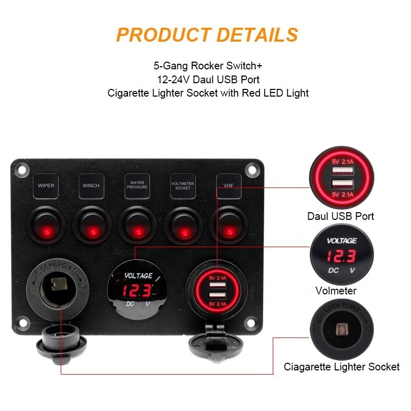 Dual USB Slot Socket 5V 4.2A Cigarette Lighter Voltmeter for Marine Boat Car Rv 12-24V Waterproof 5 Gang Rocker Switch Panel