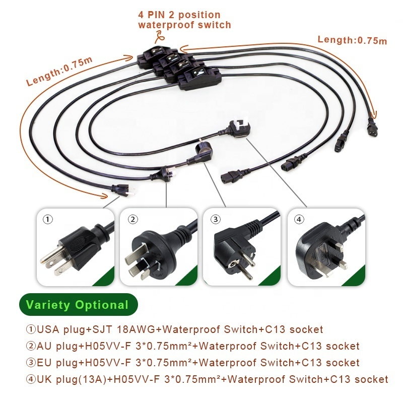 Australian standard 3 pin waterproof online rocker switch with C13 plug H05VV-F 3*0.75mm2 PC power cord