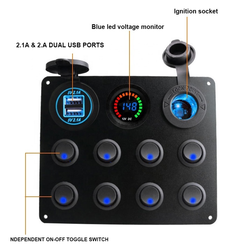 24V Panel for Marine Car Boat 8 gang Led Rocker Switch Volt meter 4.2A USB Charger Rocker switch control panel for truck