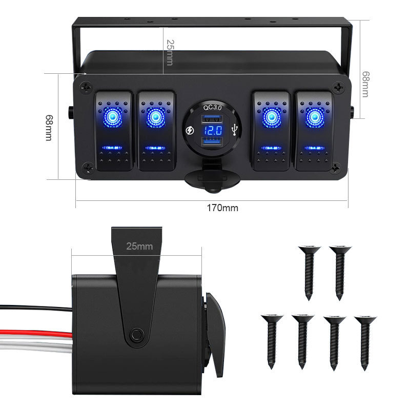 4 Gang Rocker Switch Box 12V SPST ON Off Switch QC 3.0 USB Charger Voltmeter Waterproof Aluminum Rocker Switch Panel Night Glow