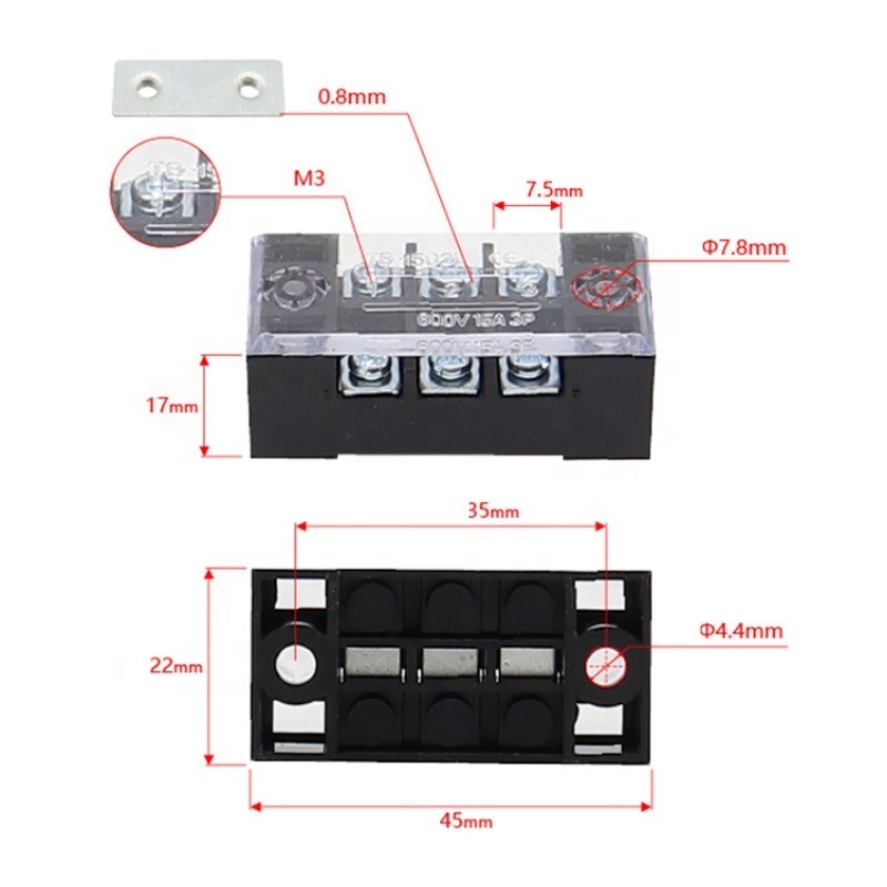 Manufacturer 600V TB series fixed type fence screw terminal 15A 25A 45A double row fixed barrier terminal block