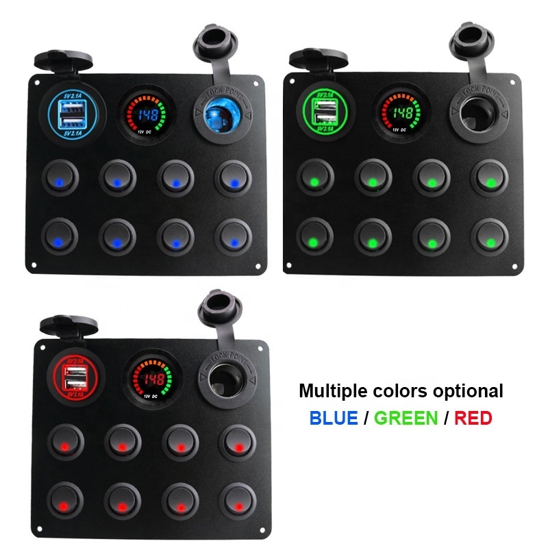 24V Panel for Marine Car Boat 8 gang Led Rocker Switch Volt meter 4.2A USB Charger Rocker switch control panel for truck