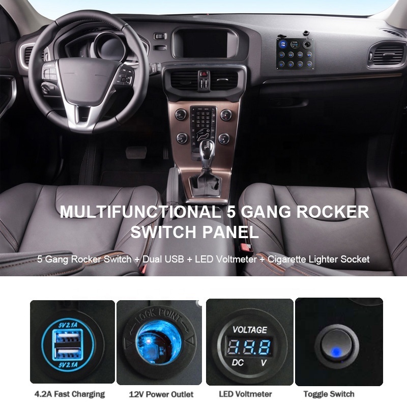 24V Panel for Marine Car Boat 8 gang Led Rocker Switch Volt meter 4.2A USB Charger Rocker switch control panel for truck