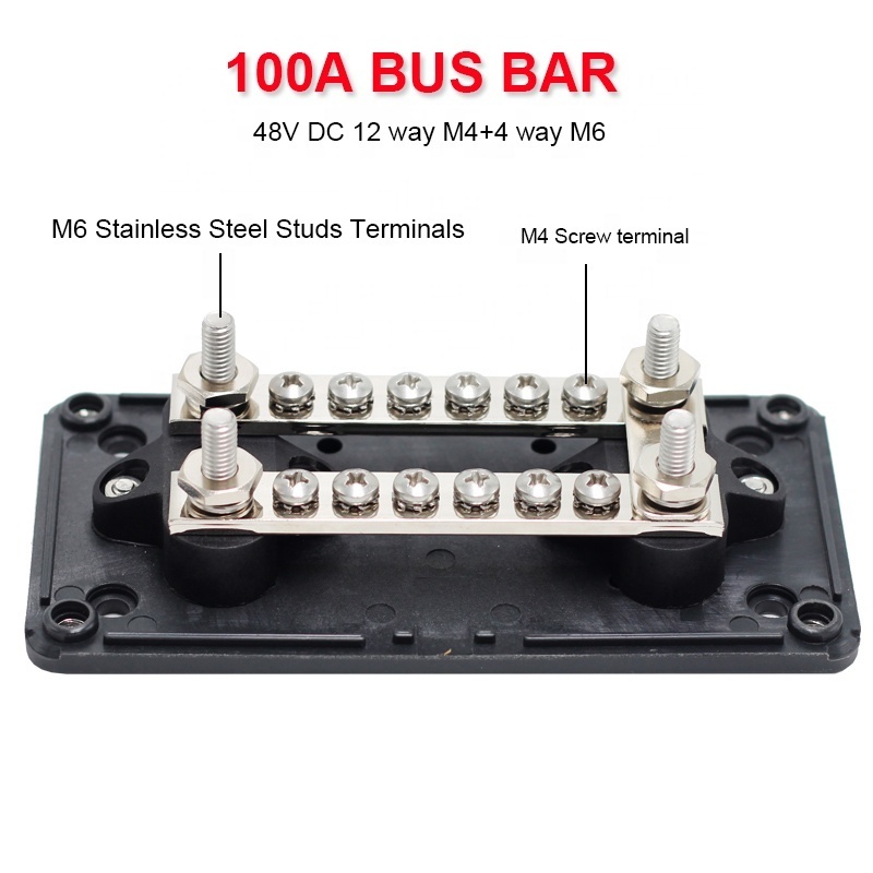 Marine Auto Heavy Duty 100A 4 Stud M6 Busbar Copper Terminals Block Power Distribution Block With Removable Plate Design Cover