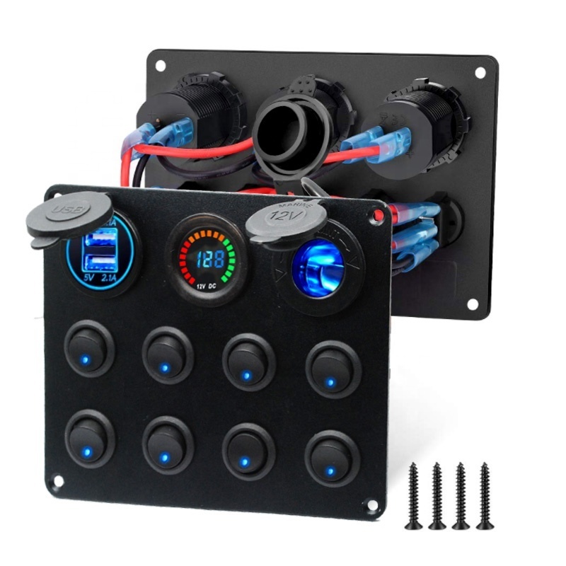 24V Panel for Marine Car Boat 8 gang Led Rocker Switch Volt meter 4.2A USB Charger Rocker switch control panel for truck