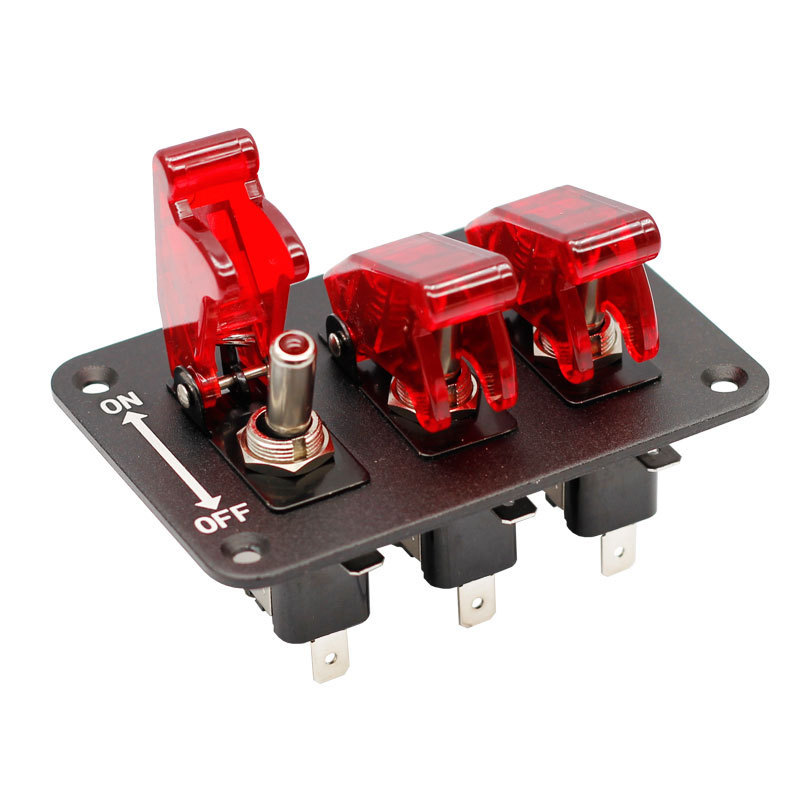 3 Gang Lighted Vehicle 20A Toggle Switch with Red Cover Waterproof ON-OFF Engine Start Racing Ignition Switch Panel