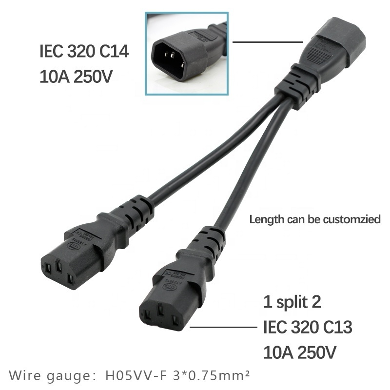 250V 10A H05VV-F 3*0.75mm C14 Plug Customized Power cord split to 2 IEC 320 C13 AC extension Power cable