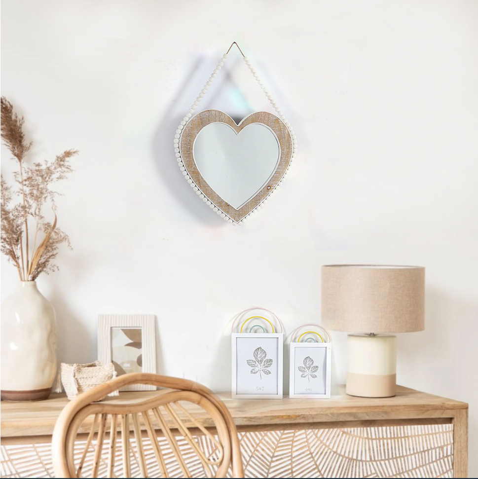 mirrors decor wall with wooden frame  antique white heart shape wooden bead wall mirror for wholesale