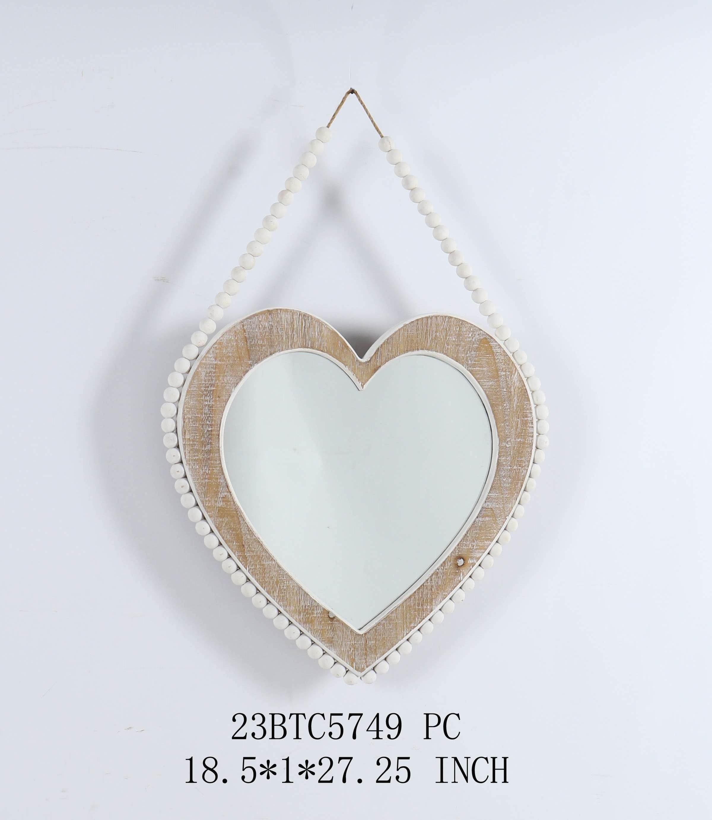 mirrors decor wall with wooden frame  antique white heart shape wooden bead wall mirror for wholesale