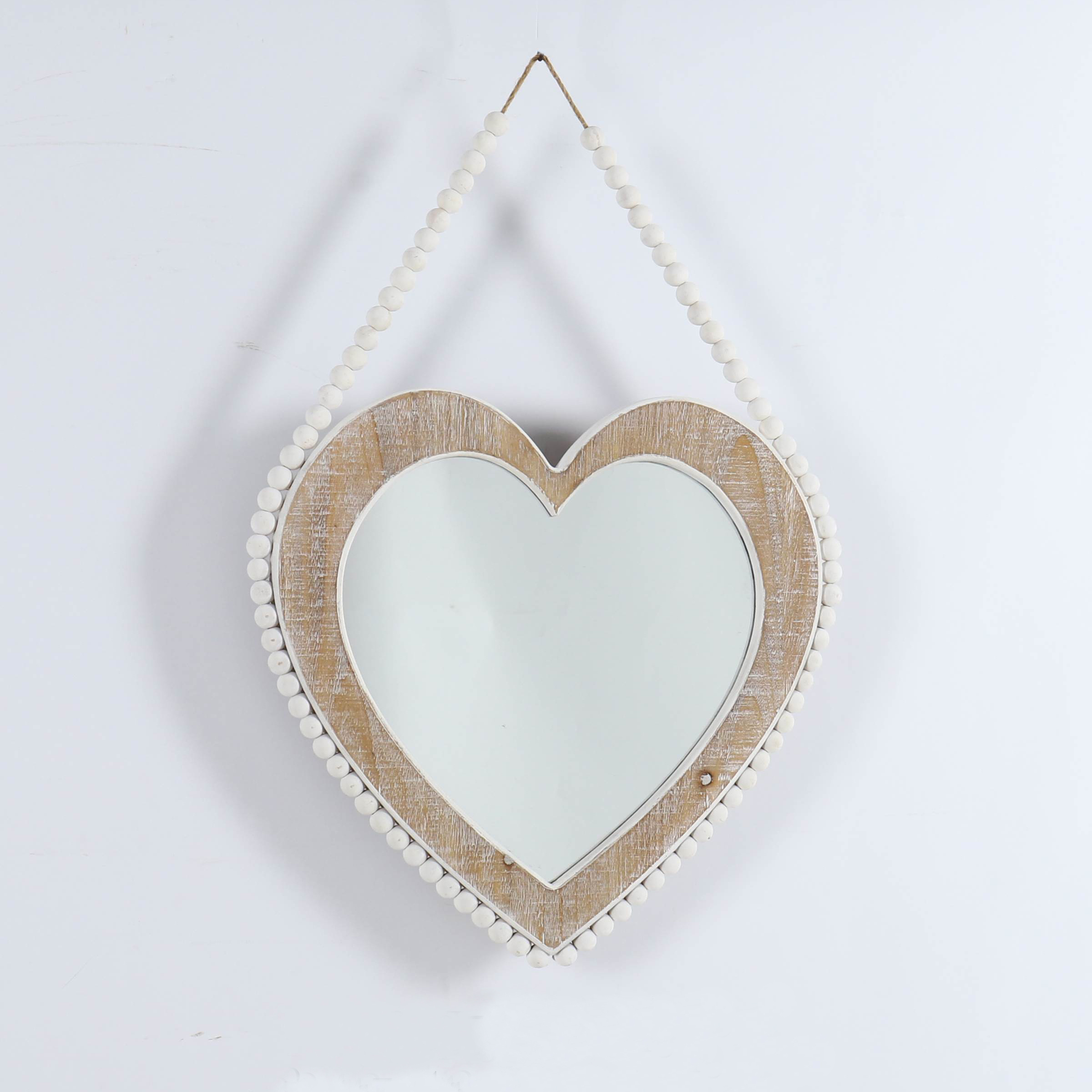 mirrors decor wall with wooden frame  antique white heart shape wooden bead wall mirror for wholesale