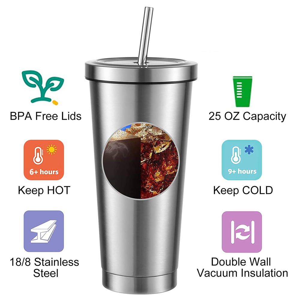 Double Wall Reusable Vacuum Bulk 24Oz Tumblers With Lids And Straw With Straw Stainless Steel