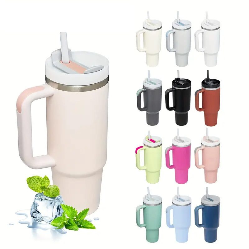 New Glass Stainless Steel Insulated 40Oz Mug Cup Tumbler With spill proof Lid With Handle  With Straw