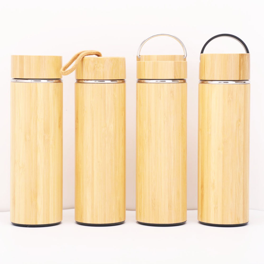 Wholesale Customised Stainless Steel Travel Tea Infuser 450Ml Bamboo Fiber Water Bottle With Bamboo Lid With Cup For Loose Leaf