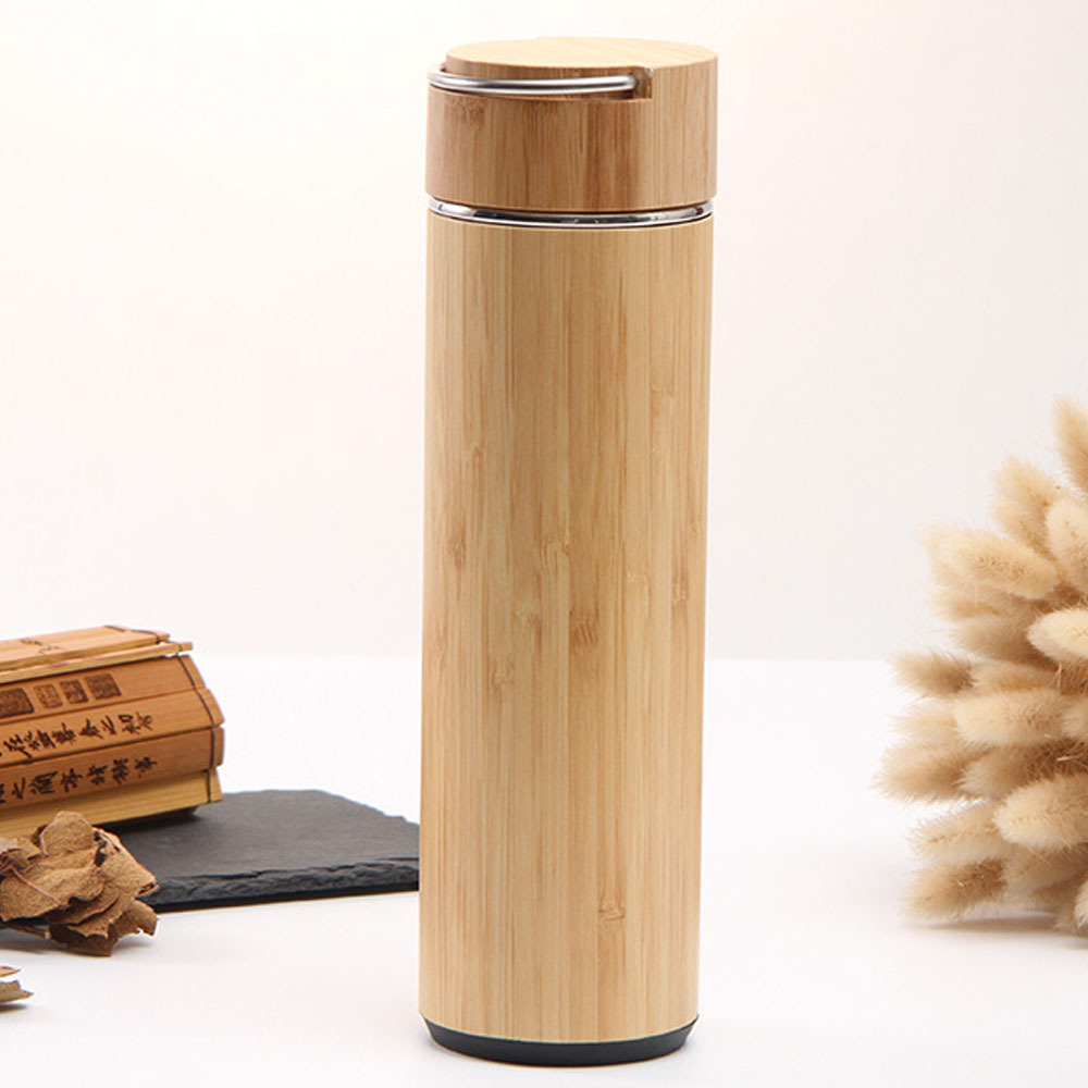 Wholesale Customised Stainless Steel Travel Tea Infuser 450Ml Bamboo Fiber Water Bottle With Bamboo Lid With Cup For Loose Leaf